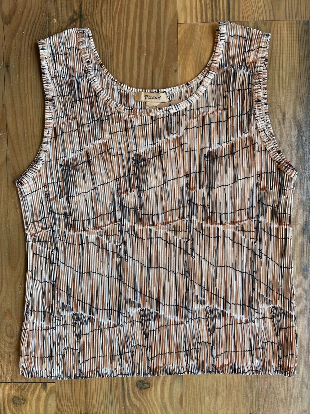 Vintage Plisse Ribbed Tank Top in Beige Abstract Print Sz L